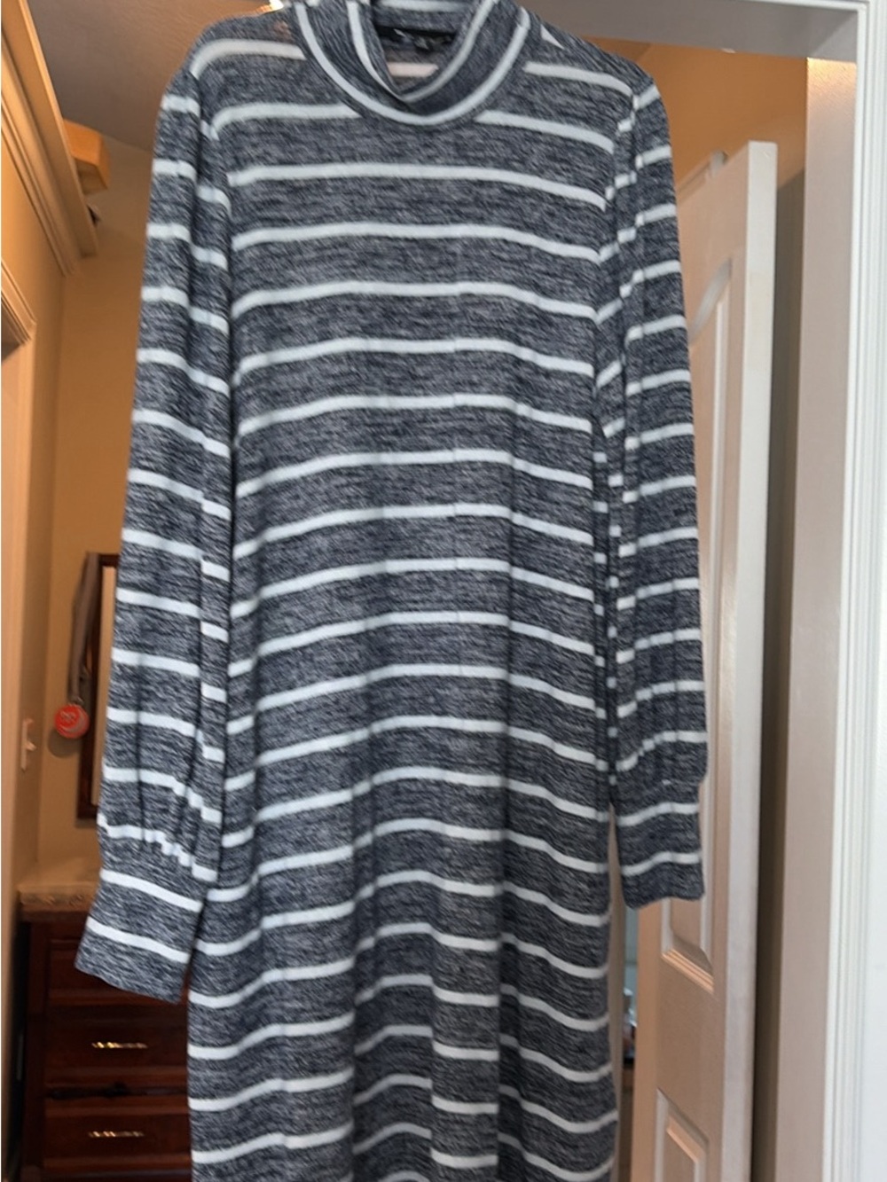 Suzanne Betro Black and White Striped Midi Turtleneck Dress